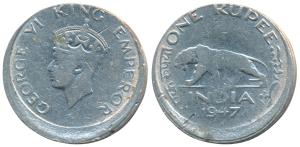 George VI, Cupro-Nickel Rupee, 1947, Error, 10% off center. Very Fine+.