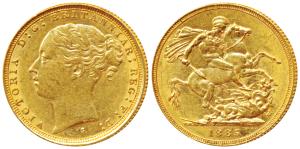 Australia, Victoria, Gold Sovereign, 8g, 1885, young head, ‘S’ mint mark for Sydney Mint (