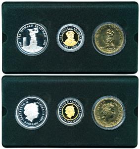 Australia, Sir Donald Bradman, set of 3 Proof, Silver $5, 31.1g; Bi-metal Gold and Silver 