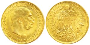 Austria, Gold, 3.4 g, 10 Corona, 1912 (KM 2816). Restrike, About Uncirculated.