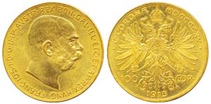 Austria, Gold 100 Corona, 1915, 33.87g, bust of Franz Joseph I, (KM 2819). Uncirculated, R