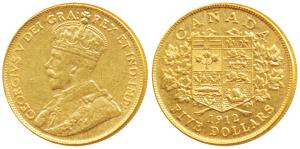 Canada, George V, Gold Dollar 5, 8.38g, 1912, shield, value and date on rev. (KM 26). Abou