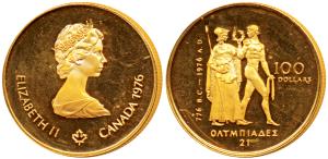 Canada, Elizabeth II, Gold 100 Dollar, 16.8g, 1976, Montreal Olympics, obv. young bust of 
