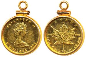 Canada, Elizabeth II, Gold 5 Dollar, 3.95g, 1/10 ounce, 1983, Maple leaf on rev. (KM 135).