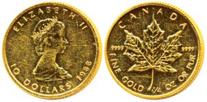 Canada, Elizabeth II, Gold 10 Dollar, 7.8g, ¼ ounce, 1988, Maple leaf on rev. (KM 136). Un