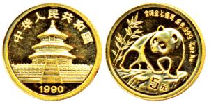 China, Gold 5 Yuan, 1.5g, 1/20 ounce, 1990, Panda series, obv. Temple of Heaven, rev. Pand
