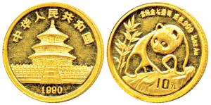 China, Gold 10 Yuan, 3.12g, 1/10 ounce, 1990, Panda series, obv. Temple of Heaven, rev. Pa