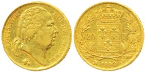 France, Louis XVIII, Gold 20 Francs, 6.37g, 1820, Paris Mint, rev. crowned arms with fleur