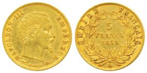 France, Napoleon III, Gold 5 Francs, 1.62g, 1859A, Paris Mint (KM 787.2). Extremely Fine.