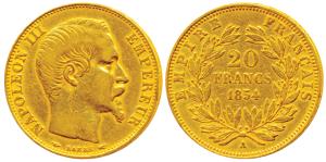 France, Napoleon III, Gold 20 Francs, 6.4g, 1854A, Paris Mint, obv. bare head (KM 787.1). 
