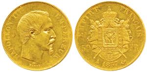 France, Napoleon III, Gold 50 Francs, 16.12g, 1857 A, Paris Mint, obv. laureate head, rev.