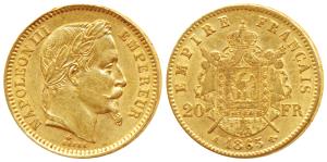 France, Napoleon III, Gold 20 Francs, 6.44g, 1865A Paris Mint, obv. laureate head of Napol