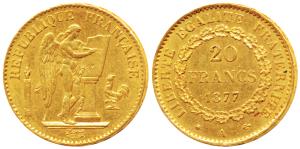 France, Gold 20 Francs, 6.43g, 1877A, obv. standing winged Genius writing the constitution
