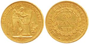 France, Gold 20 Francs, 6.43g, 1878A, obv. standing winged Genius writing the constitution