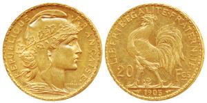 France, Gold 20 Francs, 6.5g, 1905, Liberty on obv. rooster divides value on rev. (KM 857)