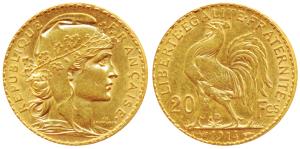France, Gold 20 Francs, 6.5g, 1914, Liberty on obv. rooster divides value on rev. (KM 857)