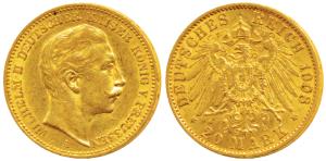 Germany, Prussia, Wihelm II, Gold 20 Mark, 8g, Berlin Mint, 1908 A. (KM 521). Very Fine+, 
