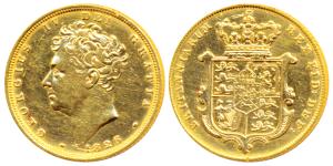 Great Britain, George IV, Gold Sovereign, 7.9g, 1826, shield on rev. (KM 696). Polished, V