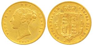 Great Britain, Victoria Queen, Gold ½ Sovereign, 4g, 1867, Young head, Shield on rev. (KM 