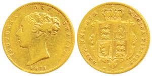 Great Britain, Victoria Queen, Gold ½ Sovereign, 4g, 1871, Young head, Shield on rev. (KM 