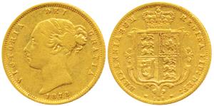 Great Britain, Victoria, Gold ½ Sovereign, 4g, 1873, Young head, Shield on rev. (KM 735.2)