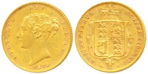 Great Britain, Victoria, Gold ½ Sovereign, 4g, 1876, Young head, Shield on rev. (KM 735.2)