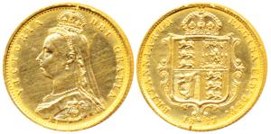 Great Britain, Victoria, Gold ½ Sovereign, 4g, 1887, Jubilee head, Shield on rev. (KM 766)