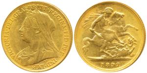 Great Britain, Victoria, Gold ½ Sovereign, 4g, 1897, veiled head, rev. St. George slaying 