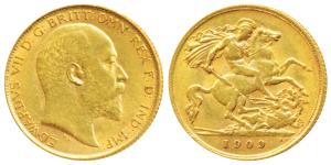 Great Britain, Edward VII, Gold ½ Sovereign, 4g, 1909, (KM 804). Very Fine, Rare.
