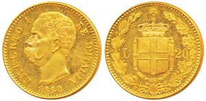 Italy, Umberto I, Gold 20 Lire, 6.45g, Rome Mint, 1882, star above crowned shield between 