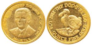 Mauritius, Gold Rupees 100, 3.41g, 1/10 ounce, 1988, rev. the extinct Dodo bird (KM 59). U