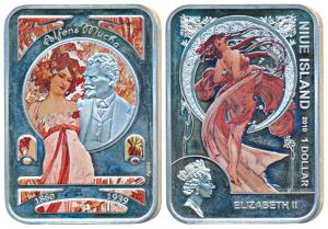 Niue, Elizabeth II, Rectangle Silver $1, 28.3g, 2010, Coloured coin, art work of a Czech p