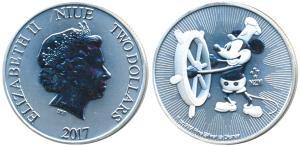 Niue, Elizabeth II, Silver $2, 31.29g, 2017 rev. an iconic image of Mickey Mouse the Walt 