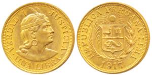 Peru, Gold Libra / Pound, 8g, 1917, Trade Coinage, rev. rev. coat of arms which includes a