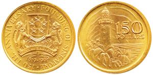 Singapore, Gold 150 Dollars, 24.89g, obv. 150th Anniversary – Founding of Singapore, rev. 