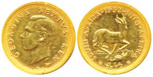 South Africa, George VI, Gold ½ Pound, 4g, 1952, Springbok running right on rev. (KM 43). 