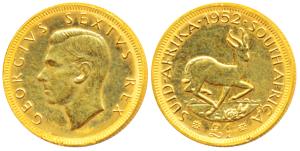 South Africa, George VI, Gold 1 Pound, 8g, 1952, Springbok running right on rev. (KM 43). 