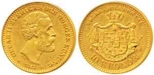Sweden, Oskar II (1872-1907), Gold 10 Kronor, 4.48g, 1883, rev. crowned mantled arms, (KM 
