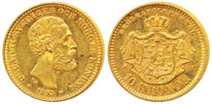 Sweden, Oskar II, Gold 10 Kronor, 4.48g, 1895, rev. crowned mantled arms, (KM 743). Extrem
