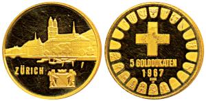 Switzerland, Gold 5 Ducats, 17.52g, 1967, Zurich, landscape of the city. Proof, Rare
