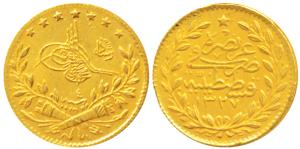 Turkey, Muhammad V (AH 1327-36, 1909-18 AD), Gold 25 Kurush, 1.7g, AH 1327, Year 5 (KM 752