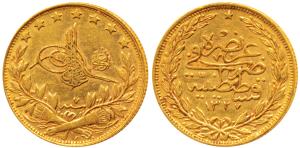 Turkey, Muhammad V, Gold 100 Kurush, 7.2g, Qustantiniyah (Constantinople) Mint, AH 1327/3 