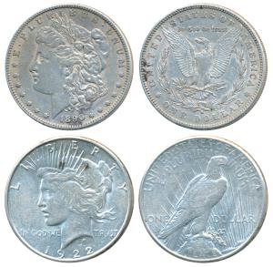 United States of America, Silver Morgan Dollar & Peace, each 26.7g, 1890 & 1922 (KM 110). 