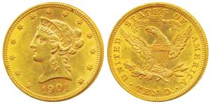 United States of America, Gold $10, 16.73g, 1901, Liberty head on obv., Motto above eagle 
