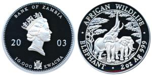 Zambia, Queen Elizabeth II, Silver 10,000 Kwacha, 2 oz, 62.2g, 2003, rev. African Wildlife