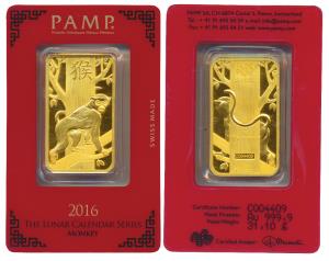 Lunar Calendar Series, Gold Ounce, 31.1g, year of the Monkey, 2016, obv. a monkey standing