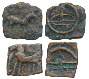 Cheras, Sangam Age (c. 300 BC-300 AD), Copper, 0.80g & 0.58g, obv. spear in front of a hor
