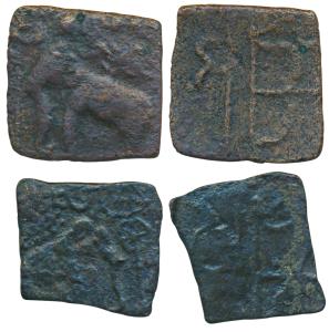 Cheras, Sangam Age, Copper, 3.33g, obv. an elephant standing right in front of a wheel sta