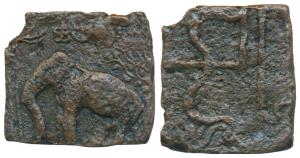 Cheras, Sangam Age, Copper, 3.27g, obv. an elephant standing left, Swastika, Srivatsa and 