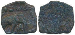 Pandya, Sangam Age, Copper, 6.19g, obv. elephant standing right, conch, pot, crescent and 